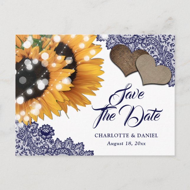 Navy Blue Sunflower Wedding Save The Date Postcard (Front)