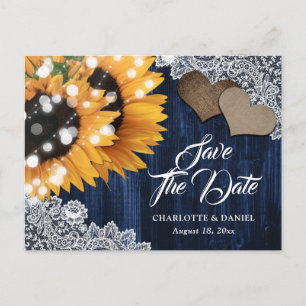 Navy Blue Sunflower Wedding Save The Date Postcard