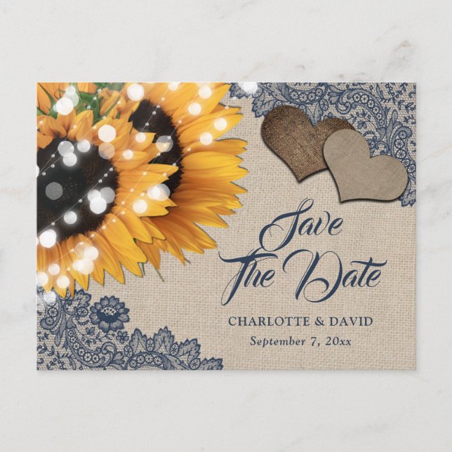 Navy Blue Sunflower Wedding Save The Date Postcard (Front)