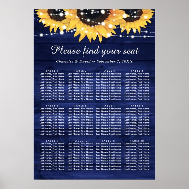Navy Blue Sunflower Wedding Seating Chart 12 (Front)