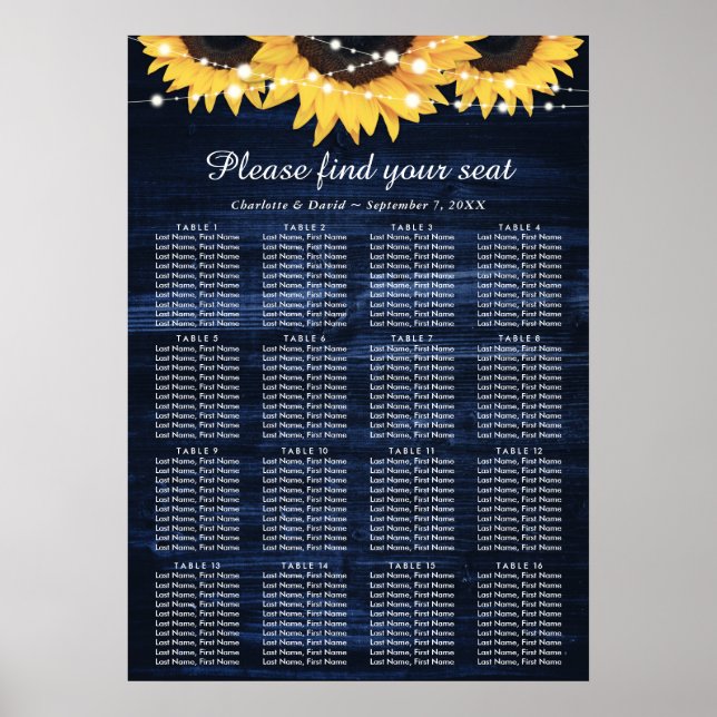 Navy Blue Sunflower Wedding Seating Chart 16 (Front)