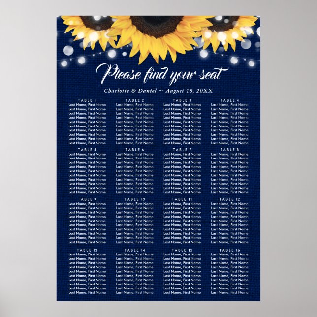 Navy Blue Sunflower Wedding Seating Plan 16 Poster (Front)