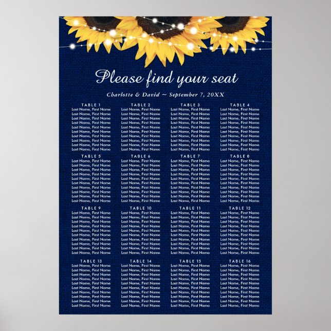 Navy Blue Sunflower Wedding Seating Plan 16 Poster (Front)