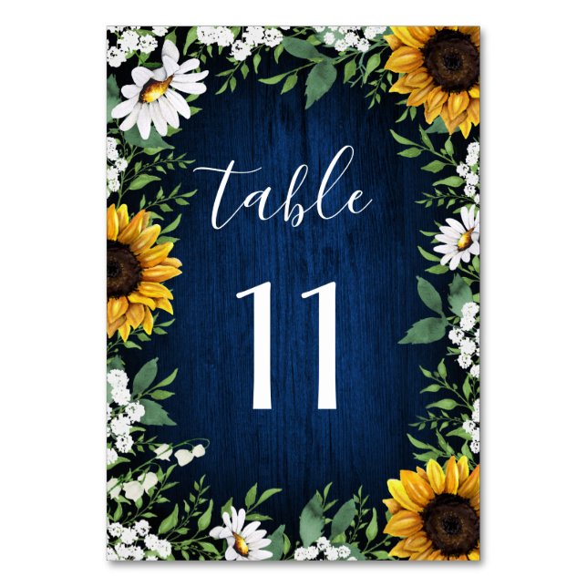 Navy Blue Sunflower Wedding Table Number Cards (Front)
