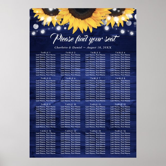 Navy Blue Sunflower Wedding Table Plan 16 Poster (Front)