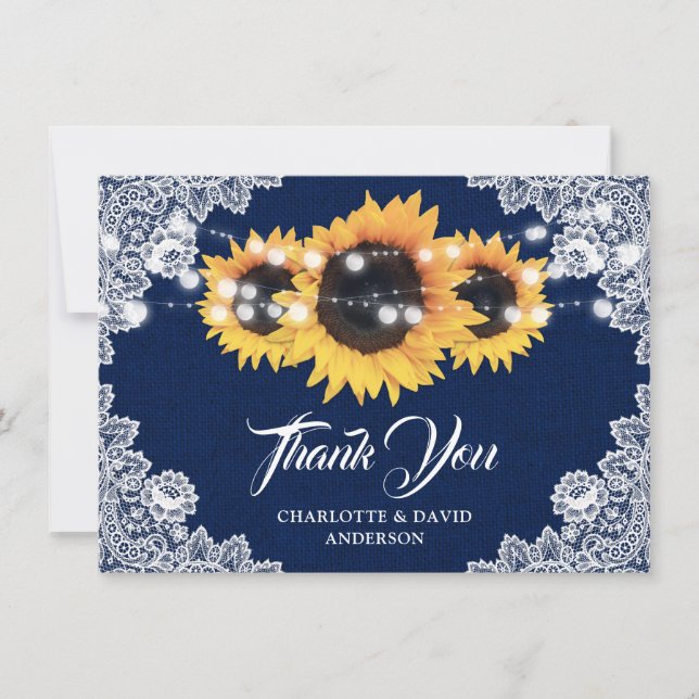 Navy Blue Sunflower Wedding Thank You Card (Front)