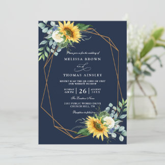 navy blue Sunflower white peony qr code wedding Invitation