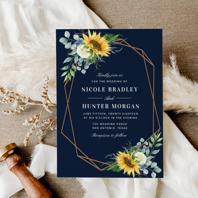 navy blue Sunflower white peony wedding Invitation (Creator Uploaded)