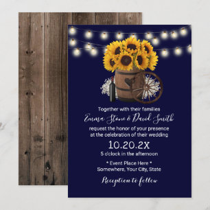 Navy Blue Sunflower Wood Barrel Rustic Wedding Invitation