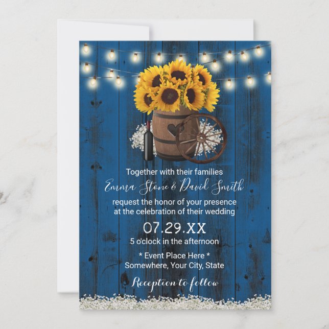 Navy Blue Sunflower Wood Barrel Rustic Wedding Invitation (Front)