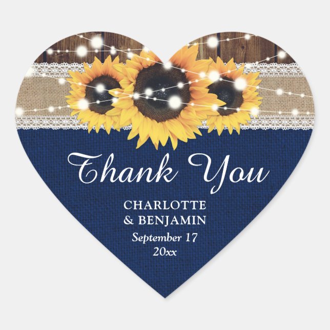 Navy Blue Sunflower Wood Burlap Lace Thank You Heart Sticker (Front)