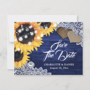 Navy Blue Sunflower Wood Burlap Lace Wedding Announcement