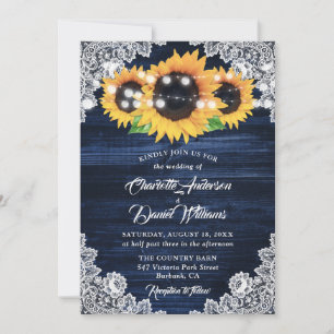 Navy Blue Sunflower Wood Floral Lace Wedding Invitation