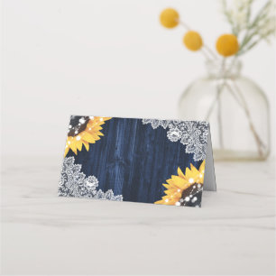 Navy Blue Sunflower Wood Floral Lace Wedding Place Card