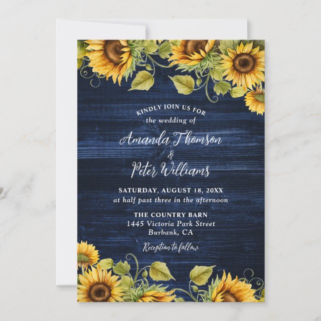 Navy Blue Sunflower Wood Floral Wedding Invitation (Front)