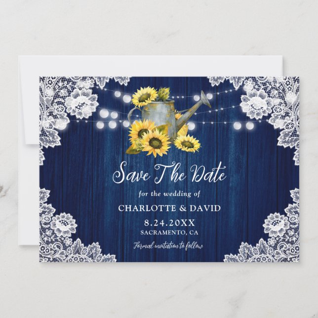 Navy Blue Sunflower Wood Lace Watering Can Wedding Save The Date (Front)