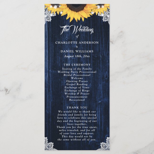 Navy Blue Sunflower Wood Lace Wedding Program Programme (Front)