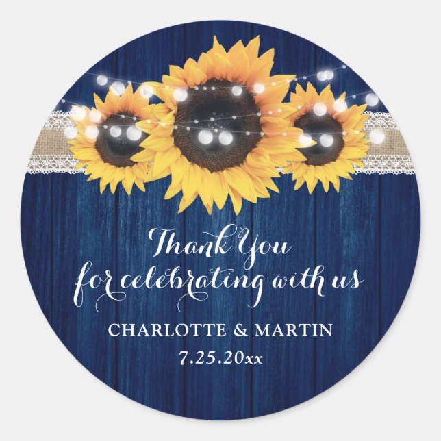 Navy Blue Sunflower Wood String Lights Wedding Classic Round Sticker (Front)