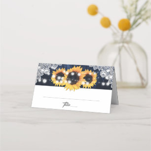 Navy Blue Sunflower Wood String Lights Wedding Place Card
