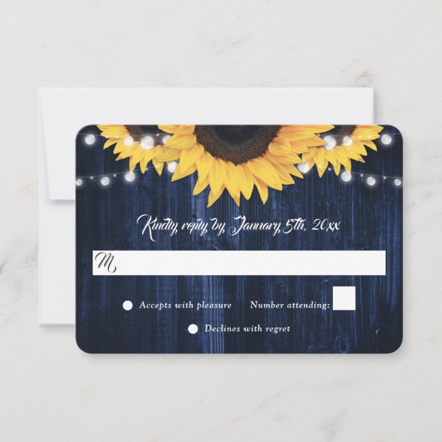Navy Blue Sunflower Wood String Lights Wedding RSVP Card (Front)