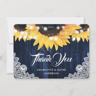 Navy Blue Sunflower Wood String Lights Wedding Thank You Card
