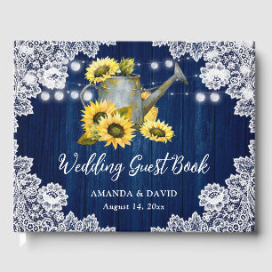 Navy Blue Sunflower Wood Watering Can Wedding Guest Book