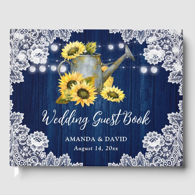 Navy Blue Sunflower Wood Watering Can Wedding Guest Book (Front)