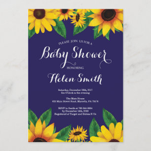 Navy Blue Sunflowers Baby Shower Invitation
