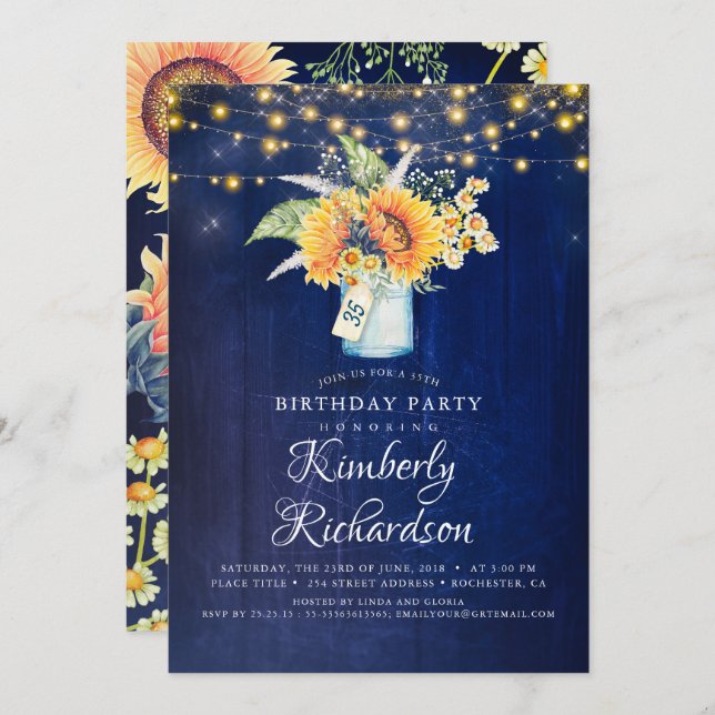 Navy Blue Sunflowers Rustic Fall Birthday Party Invitation (Front/Back)