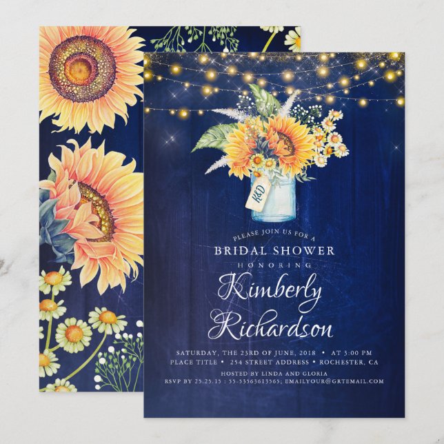 Navy Blue Sunflowers Rustic Fall Bridal Shower Invitation (Front/Back)