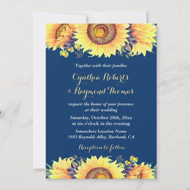 Navy Blue Sunflowers Rustic Romantic Wedding Invitation (Front)