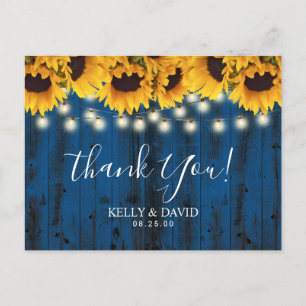 Navy Blue Sunflowers Rustic Wedding Thank You Postcard
