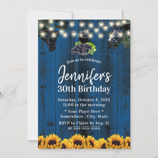 Navy Blue Sunflowers Vineyard Wine 30th Birthday Invitation (Front)