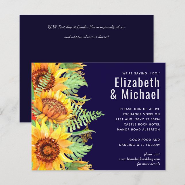 Navy Blue Sunflowers Wedding Modern Budget (Front/Back)