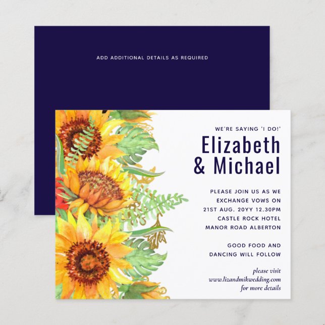 Navy Blue Sunflowers Wedding Modern Budget (Front/Back)