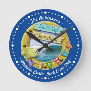 Navy Blue Surf Sunshine Family Holiday Beach Hut Round Clock