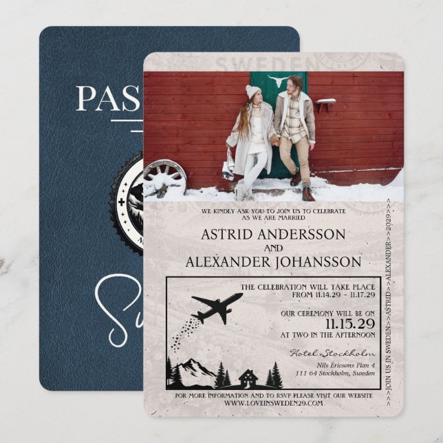 Navy Blue Sweden Passport Wedding Invitation (Front/Back)
