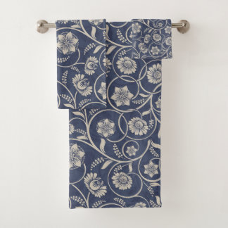 Navy Blue Swirl Flowers Bath Towel Set