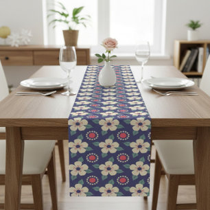 Navy Blue Table Runner with Cream Flowers