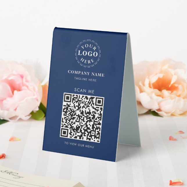 Navy Blue Table Tent Sign with QR Code Checkout (In SItu (Wedding))