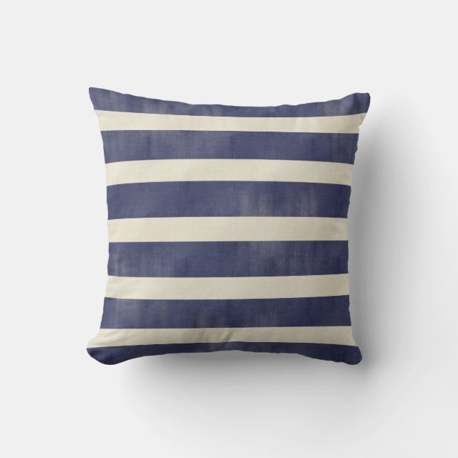 Navy Blue Tan Distressed Wide Stripes Toss Pillow (Front)