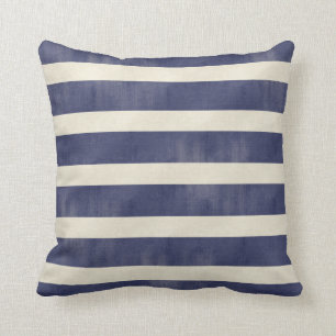 Navy Blue Tan Distressed Wide Stripes Toss Pillow