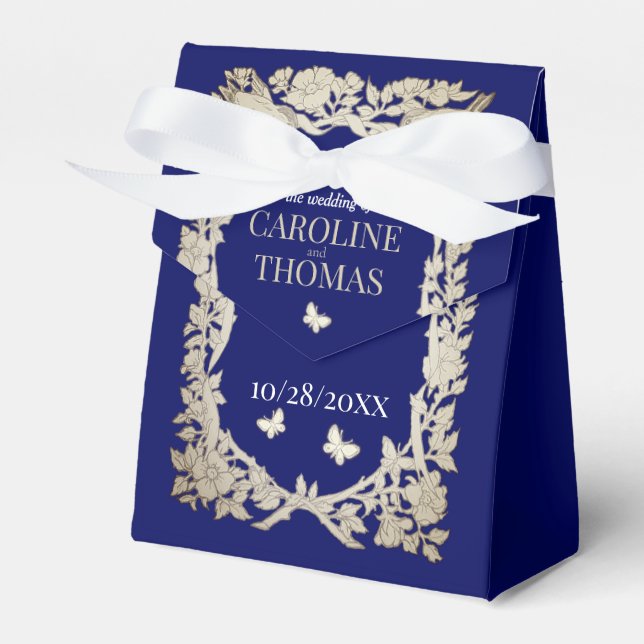 Navy Blue Tan Floral Foliage Ornate Wedding Favour Box (Front Side)