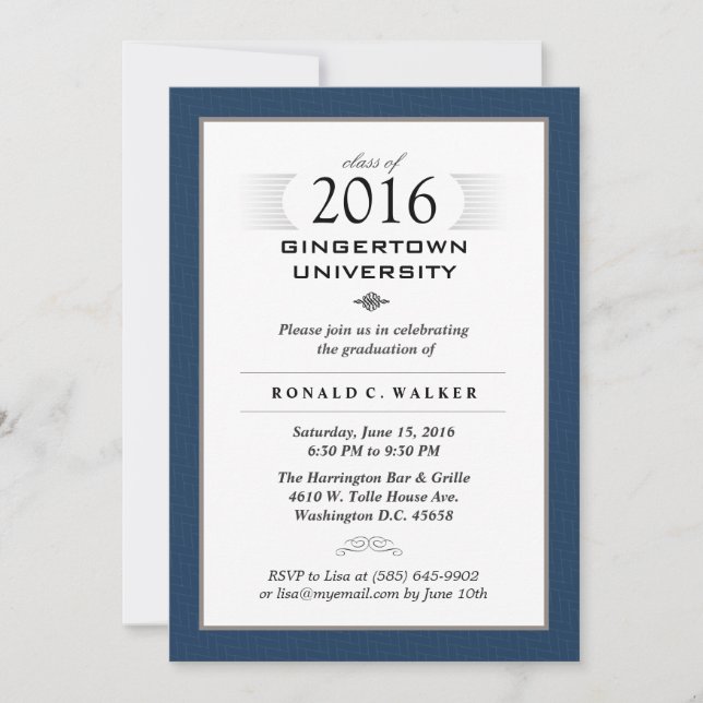 Navy Blue & Tan Formal Graduation Party Invite (Front)