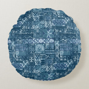 Navy Blue Tapa: Tribal Fabric Abstract Round Cushion