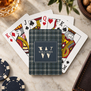 Navy Blue Tartan Plaid Christmas Monogram Family Playing Cards