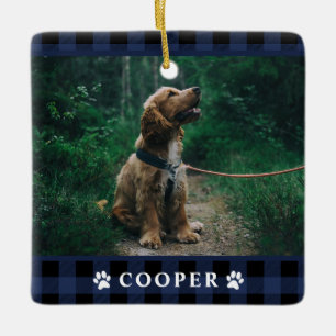 Navy Blue Tartan Plaid Dog Photo Ornament