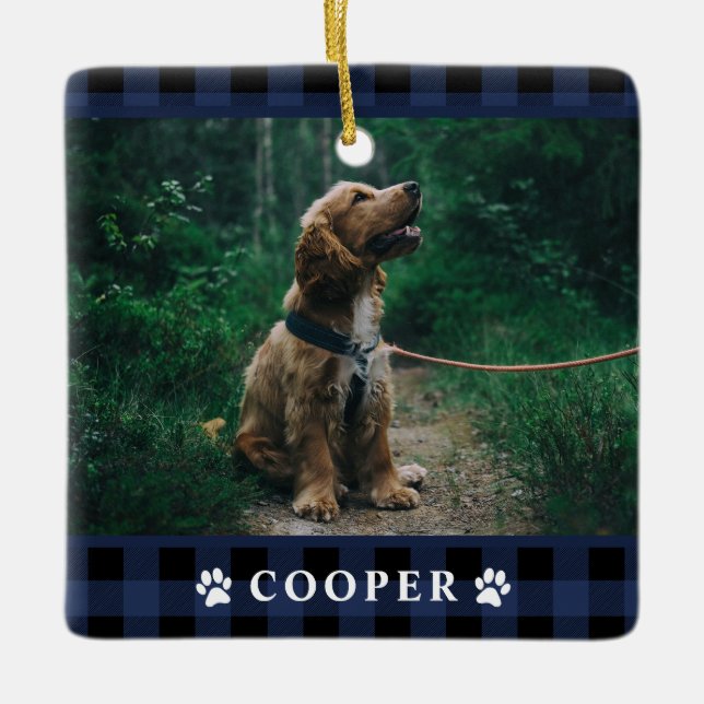 Navy Blue Tartan Plaid Dog Photo Ornament (Front)