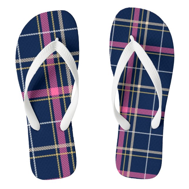 Navy Blue Tartan Plaid Navy Yellow White Pink Flip Flops (Footbed)