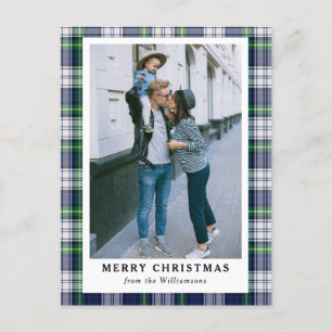 Navy Blue Tartan Plaid Photo Merry Christmas Card 
